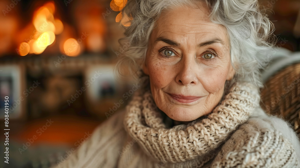 Warm and Cozy Elderly Woman in Knitwear Smiling by Fireplace, Capturing Holiday Comfort and Serenity in Home Setting Warm and Cozy Elderly Woman in Knitwear Smiling by Fireplace, Capturing Holiday Comfort and Serenity in Home Setting