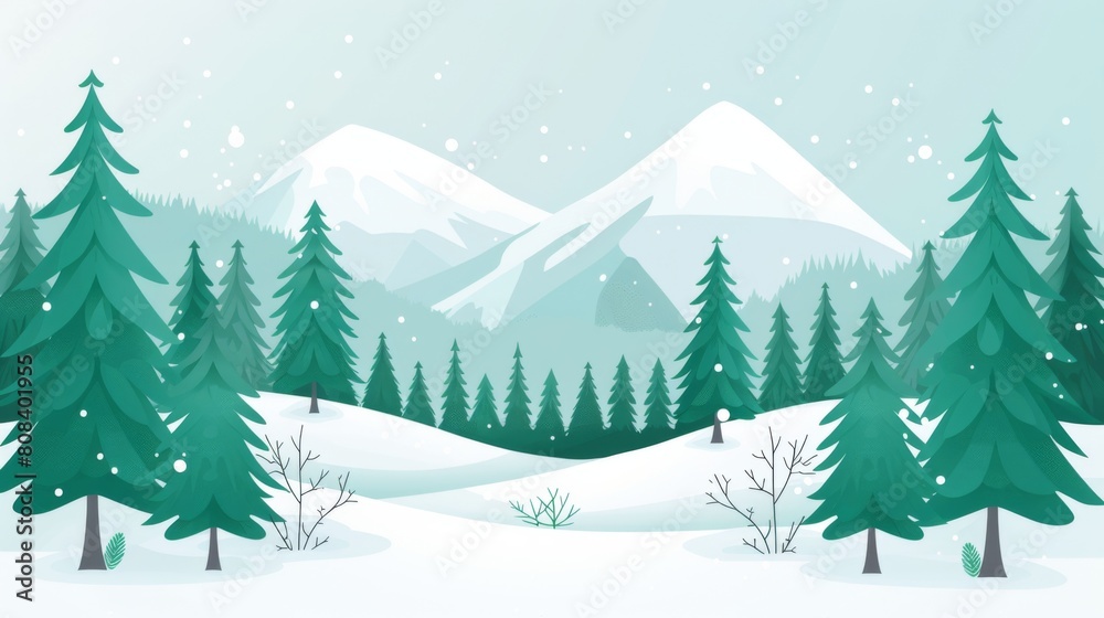 Fototapeta premium A serene winter scene with snow-covered trees and mountains in the distance under a pastel sky.