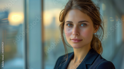 Woman in Sophisticated Suit Smiling Gently by a Modern Office Window