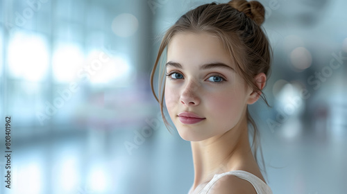 Close-Up Portrait of Young Woman with Striking Blue Eyes in a Modern, Minimalistic Atmosphere
