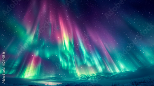 Breathtaking Aurora Borealis Over Snow-Capped Mountains Under Starlit Sky  Ideal For Tranquil Nature Themes and Vibrant Wall Art