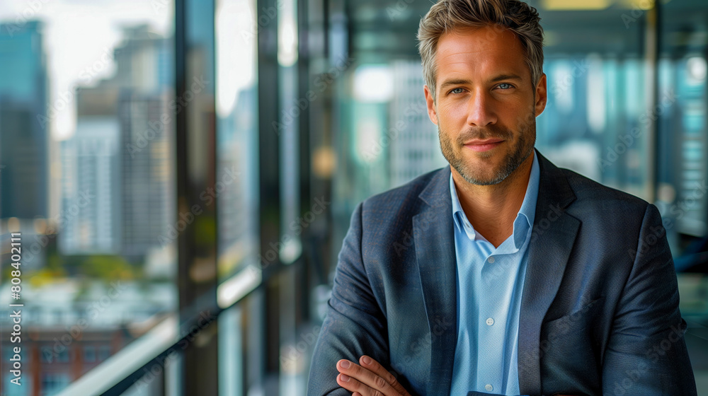 Naklejka premium Confident Business Executive in Stylish Suit Posing by Glass Window with Vibrant Cityscape View