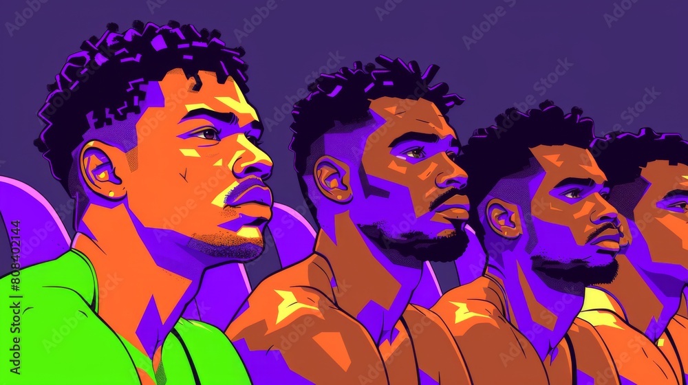 Illustration of a diverse basketball team resting in a gym with a focused expression. Illustration of a diverse basketball team resting in a gym with a focused expression.