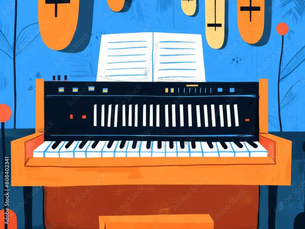 Artistic illustration of an electric organ with music sheets, designed with vibrant colors and bold lines. Artistic illustration of an electric organ with music sheets, designed with vibrant colors and bold lines.