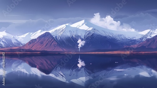 Illustration of a serene landscape in Reykjanes Peninsula, Iceland, with snow-capped mountains and a plume of steam rising.