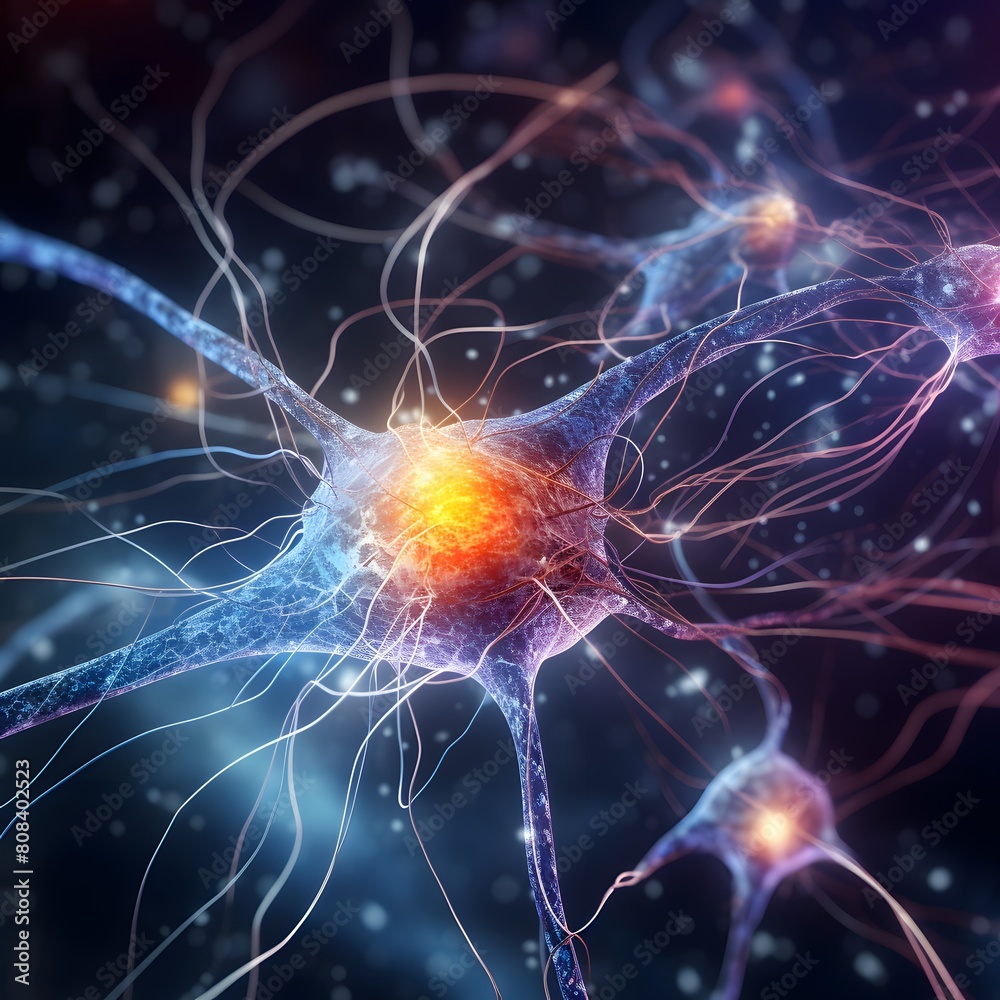 Abstract background with glowing brain cells and neurons, concept of nervous system. Closeup of the neural network. Generative AI.