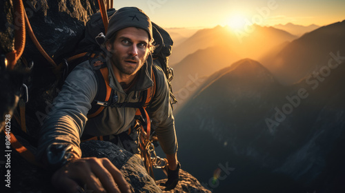 A man is climbing a mountain with a backpack and a hat on