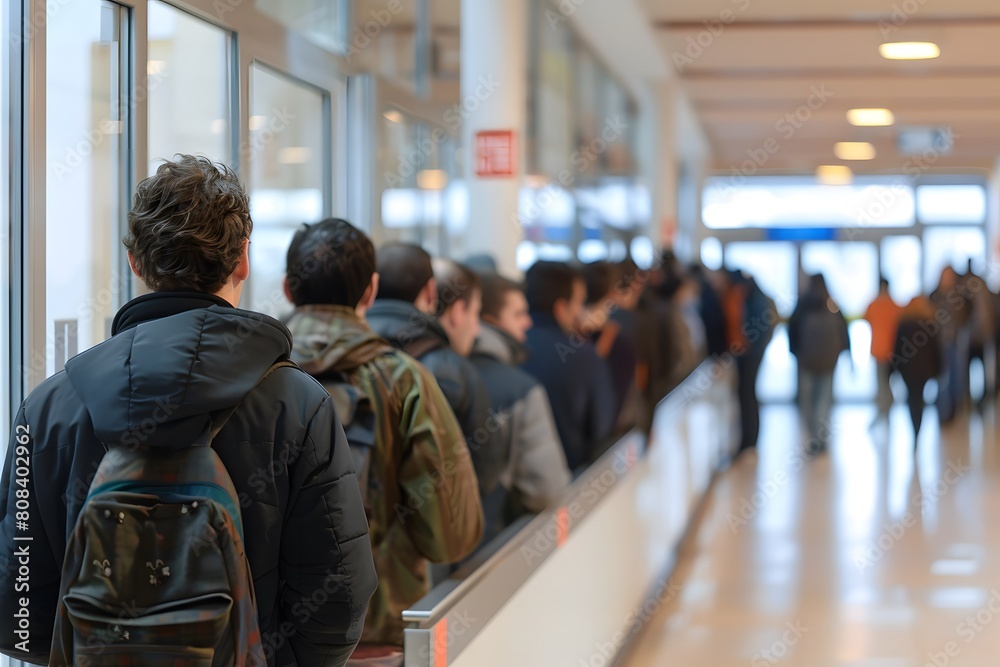 A group of people are waiting in line in a hallway A group of people are waiting in line in a hallway