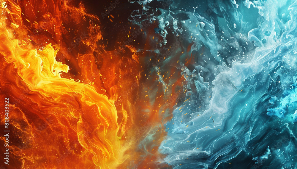 A vibrant and intense interaction of fiery orange and icy blue waves, colliding in a spectacular display that mirrors the elemental contrast of fire and ice.