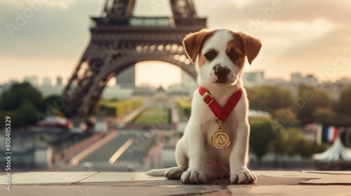 puppy dog ​​with olympic medal with the eiffel tower in the background