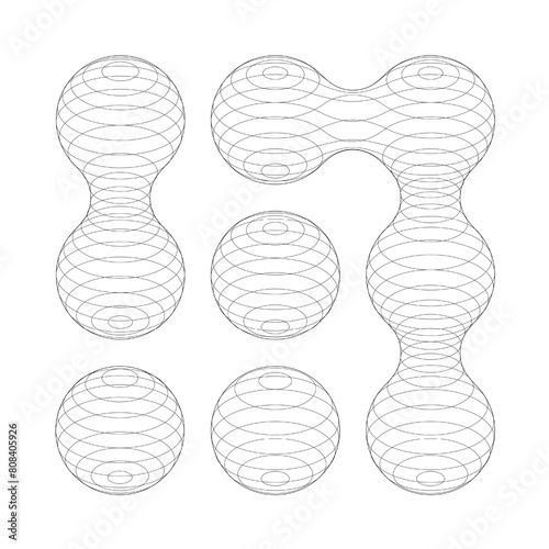 Abstract circle vector wire frames. 3d grid spheres and metaball molecules. Wavy lines grid cross spiral mesh surface. Retro y2k vortex funnel. Brutal longitude tube world
