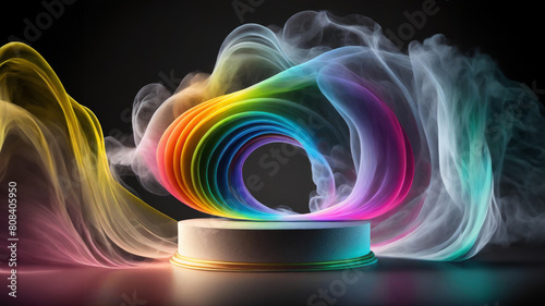 white podium with rainbow smoke swirls against black background