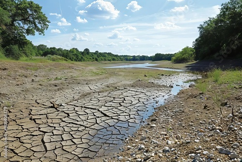 driedup riverbed during summer heatwave climate change and drought concept environmental illustration