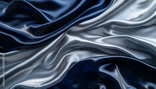 An elegant portrayal of shimmering silver and deep indigo waves merging, suggesting the luxurious feel of satin fabric under moonlight.