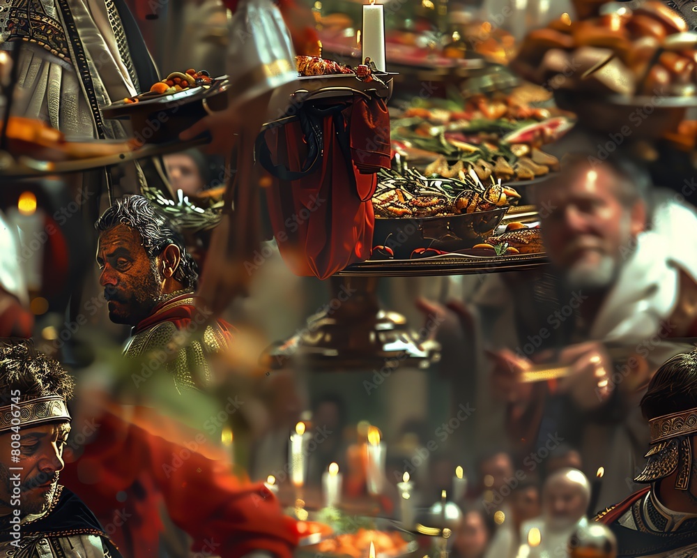 Infuse a wide-angle perspective of a historical event entwined with culinary arts in a photorealistic digital art style Illustrate the scene with dynamic lighting