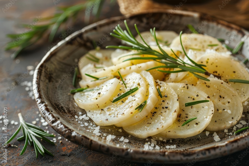 elegant turnip carpaccio with fresh rosemary and coarse salt served on a rustic earthen plate food photography elegant turnip carpaccio with fresh rosemary and coarse salt served on a rustic earthen plate food photography