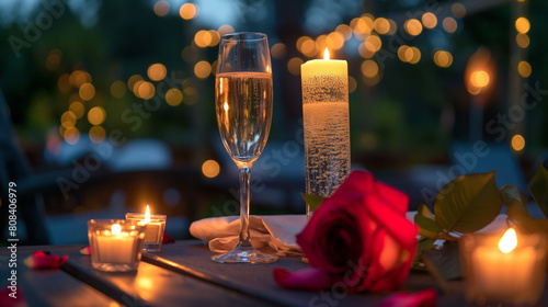 Outdoor evening setting with a glass of sparkling wine, flickering candle, and a fresh rose