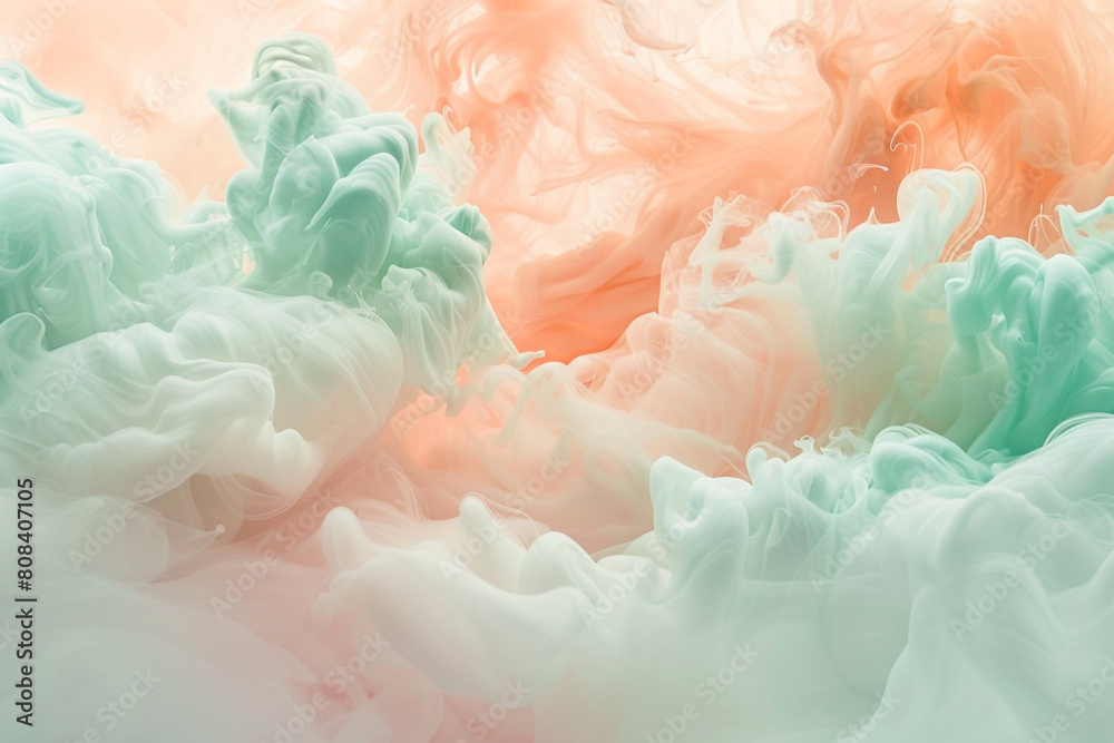 An ethereal blend of soft peach and cool mint waves, merging in a dreamlike fashion, their interaction resembling clouds mixing in a pastel sky.