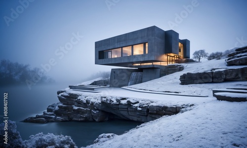 modern house on a snowy cliff by the water.