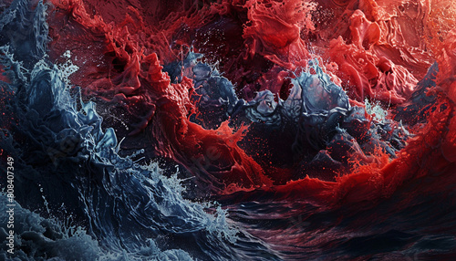 An intense and vivid scene of scarlet and navy waves clashing, resembling the dramatic and powerful movements of an ocean during a storm. photo
