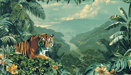 Beautiful view of jungle and tiger vintage