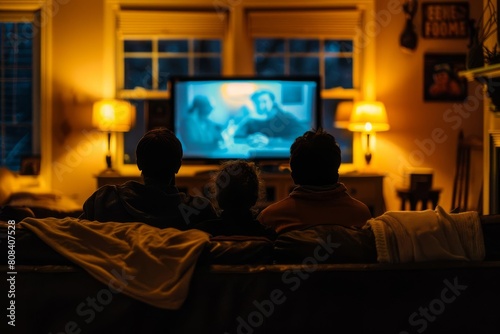 family bonding silhouettes watching engaging television show together in cozy living room lifestyle photography