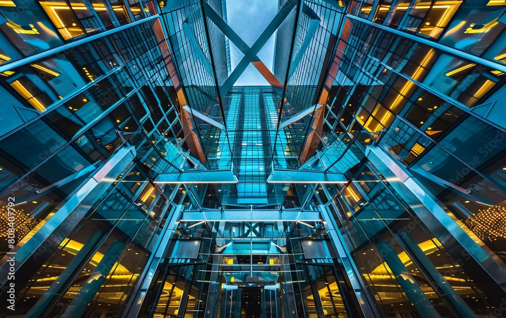 From under the entrance of an office building next to a contemporary high-rise building with glass mirror walls and glowing lights in calgary city. very beautiful city view From under the entrance of an office building next to a contemporary high-rise building with glass mirror walls and glowing lights in calgary city. very beautiful city view