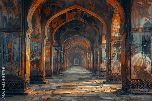 The golden sunlight illuminates the intricate arches and weathered walls of a historic palace, revealing patterns and the passage of time.