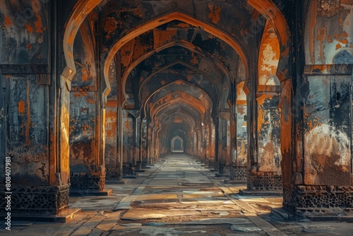 The golden sunlight illuminates the intricate arches and weathered walls of a historic palace  revealing patterns and the passage of time.