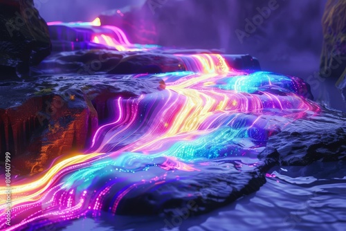 glowing colorful rock formation in a flowing river magical nature landscape illustration © furyon