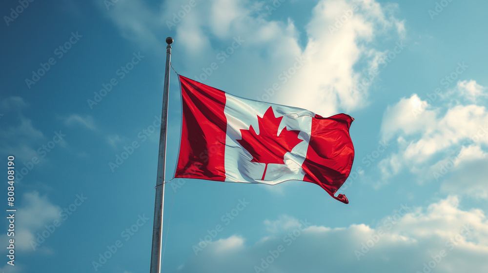 Canadian Flag Waving Against Blue Sky, National Pride and Identity Canadian Flag Waving Against Blue Sky, National Pride and Identity