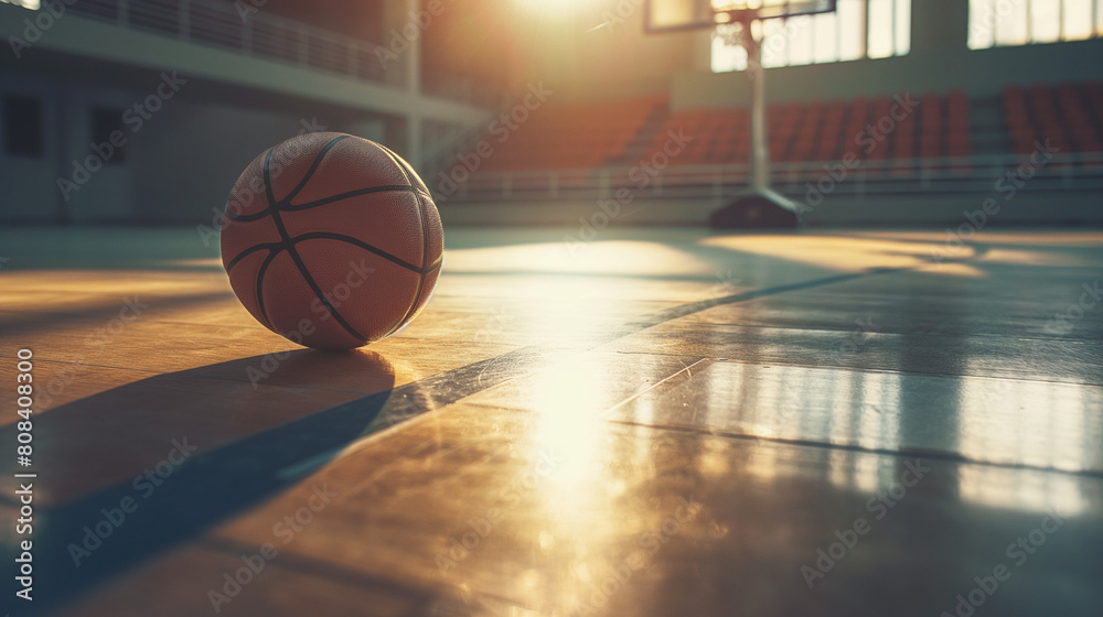 Sunlit Basketball on Polished Wooden Court in Empty Gym