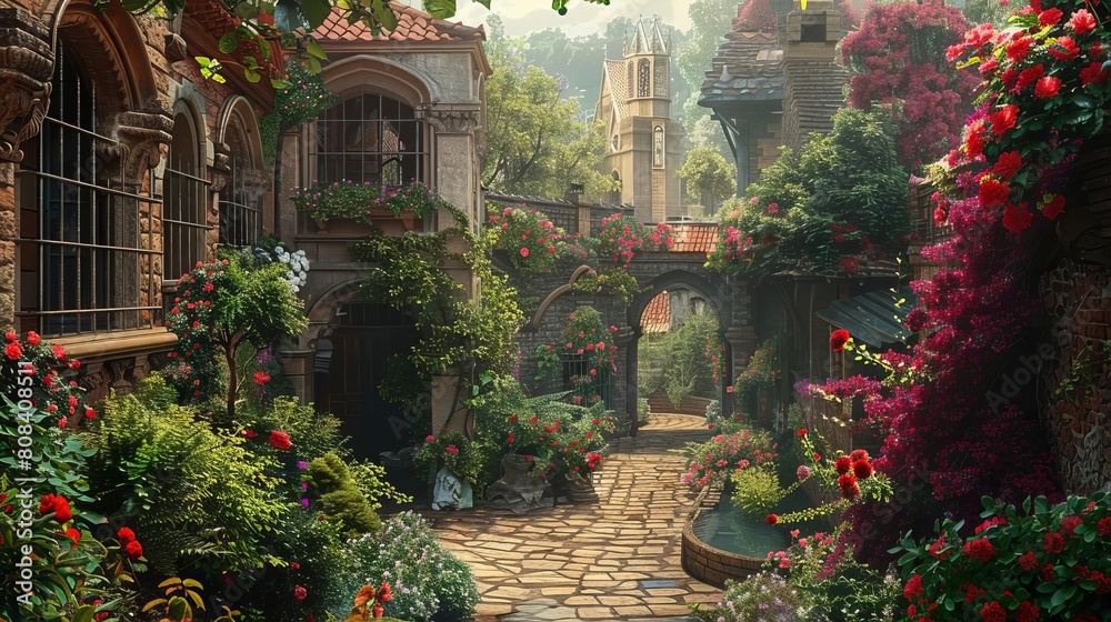 Craft an enchanting scene of a secret rooftop sanctuary bursting with diverse plant life when viewed from a worms-eye perspective Combine intricate details of flowers