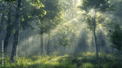Create a digital masterpiece of a sunlit foggy forest in photorealistic CG 3D Show intricate details of mist swirling around tree trunks
