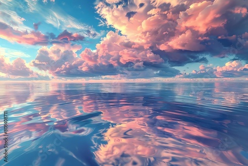 irregular clouds and sea breeze with waves reflecting the colorful sky beautiful seascape 3d rendering photo