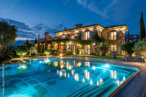 luxurious grand house with stunning pool and landscaped garden beautifully illuminated at night architectural photography
