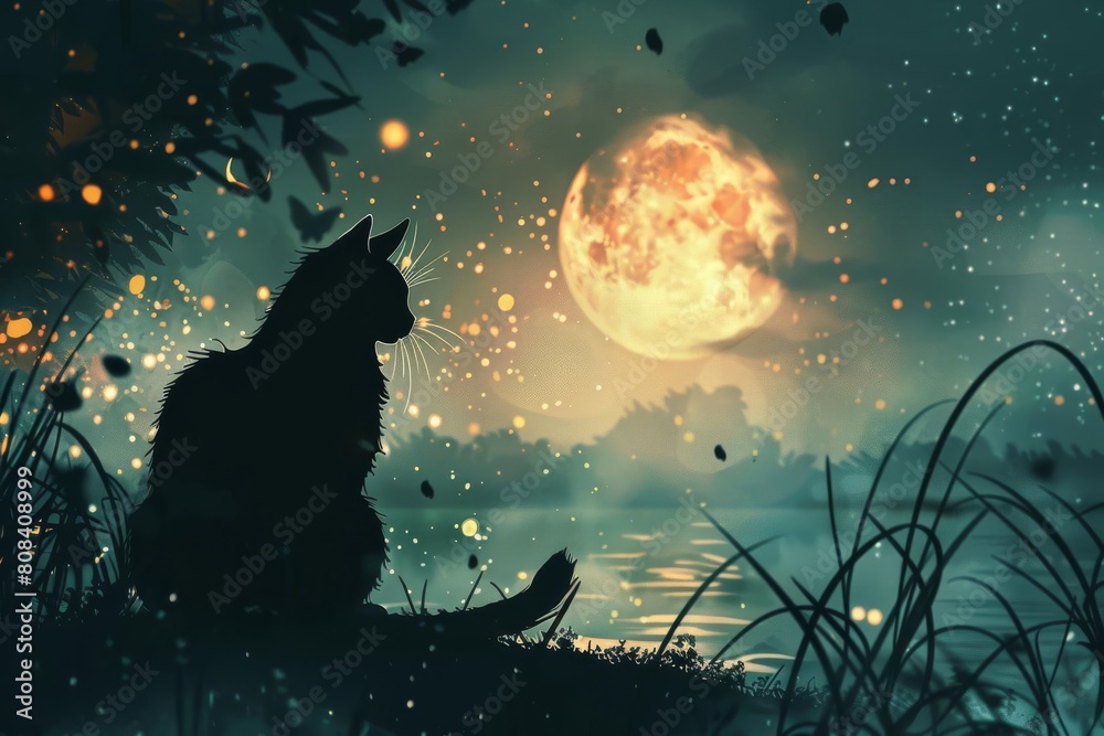 majestic black cat gazing at the moon mysterious night scene fantasy illustration majestic black cat gazing at the moon mysterious night scene fantasy illustration