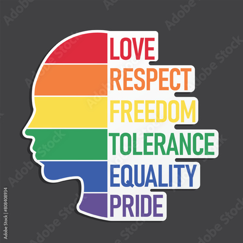 LGBT Pride Month. Head of human and rainbow flags with text love, freedom, equality, tolerance and respect. Lesbian Gay Transgender. Element for social posts, banner, and poster. Vector Illustration.