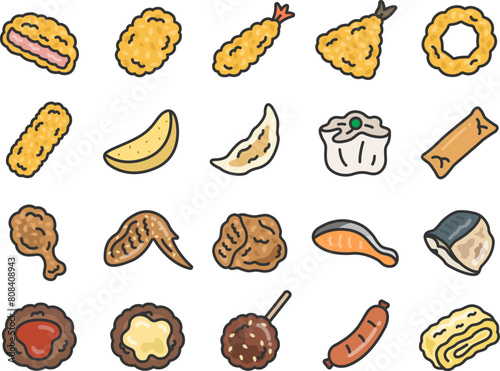 惣菜のアイコン（線画カラー）のイラストセット
