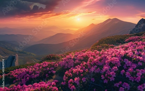Incredible summer sunset with pink rhododendron flowers. very beautiful flower
