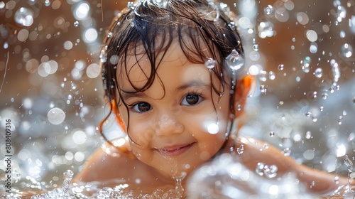 Portrait of a joyful toddler playing in water, surrounded by glistening droplets under sunlight