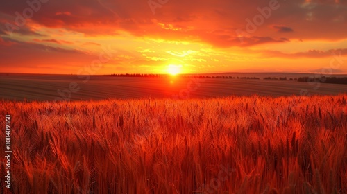 A Scenic View of a Vibrant Sunset Over a Lush Wheat Field Illuminating the Skies in Vivid Orange Hues © aicandy