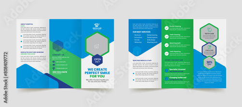 Dental care service trifold brochure template and professional medical healthcare leaflet design with dentist poster.