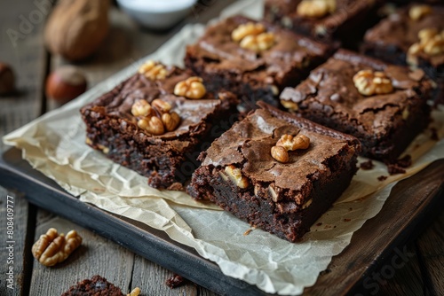 mouthwatering dark chocolate brownies studded with walnuts served on parchment paper food photography