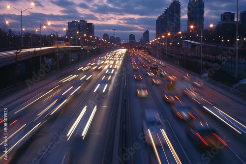 nocturnal commute headlights illuminate urban highway at dusk dynamic traffic photograph photo