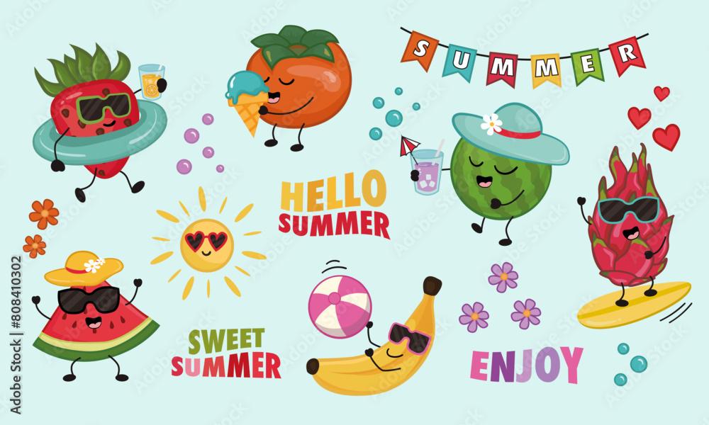 Set of funny summer fruits. Banana, dragon fruit, strawberry, watermelon, persimmon etc. Colorful summer collection. Set of funny summer fruits. Banana, dragon fruit, strawberry, watermelon, persimmon etc. Colorful summer collection.