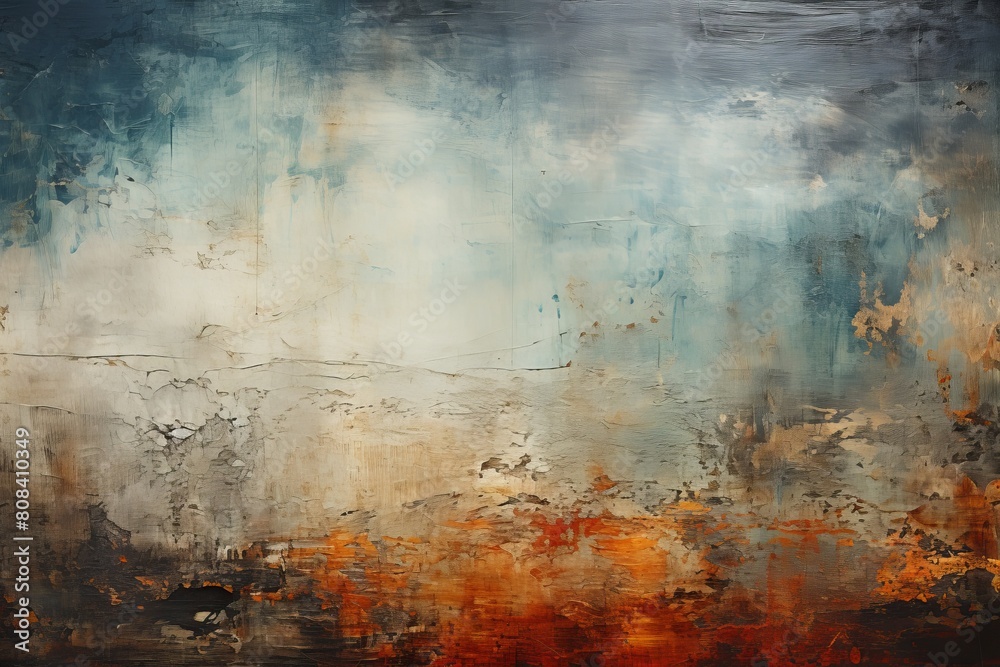 Vibrant and conceptual abstract artistic texture background with blue, white, and orange brushstrokes on contemporary canvas, perfect for interior wall art decoration and creative wallpaper design