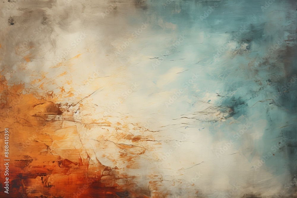 This beautiful abstract painting features a blend of warm earthy tones and cool blues, evoking a sense of serene chaos with its textured brushstrokes and dynamic composition