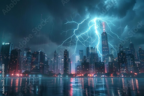 dramatic lightning storm over city skyline flashes illuminating night sky concept of extreme weather and natural disasters digital art