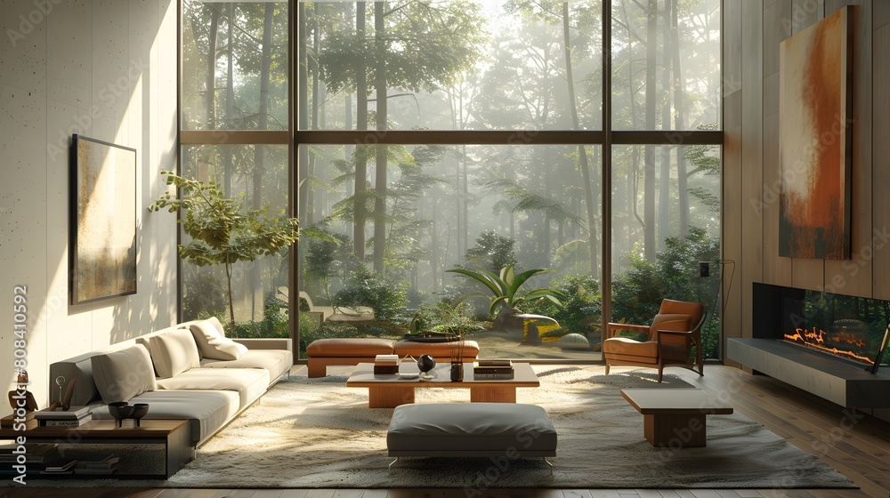 A bright loft living room with mid-century accents, a fireplace, and an indoor garden corner, offering a tranquil forest scene through wide glass doors.